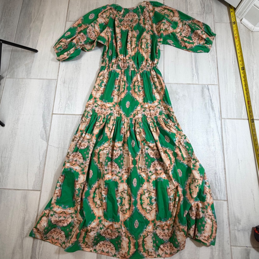 Karen Millen Green Tie Dye Ikat Cotton Maxi Dress Puff Sleeve Wrap Belted US 10 - Picture 6 of 7